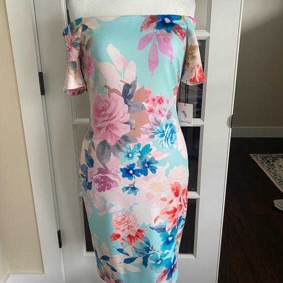 Calvin Klein Dresses & Skirts - Calvin Klein Pink and Orange Off-Shoulder Sheath Dress